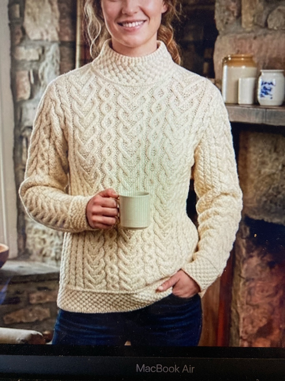 Aran Mor Ireland 100% Merino Wool Cable Knit Turtleneck Sweater - Cream S503